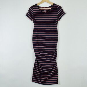 NEW Isabel Maternity Women XS Blue Orange‎ Striped Nautical Coastal Ruched Dress